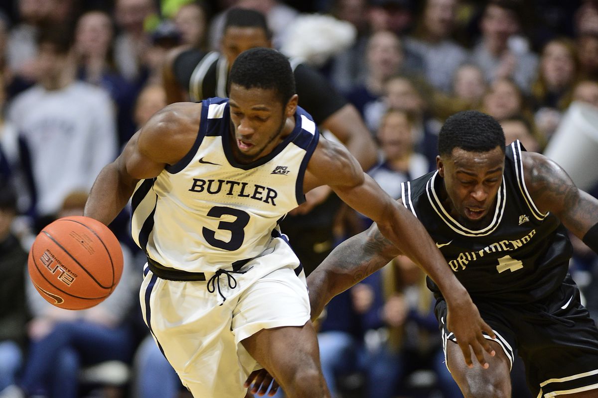 Butler Bulldogs guard Kamar Baldwin steals the ball from Providence Friars guard Maliek White at Hinkle Fieldhouse.