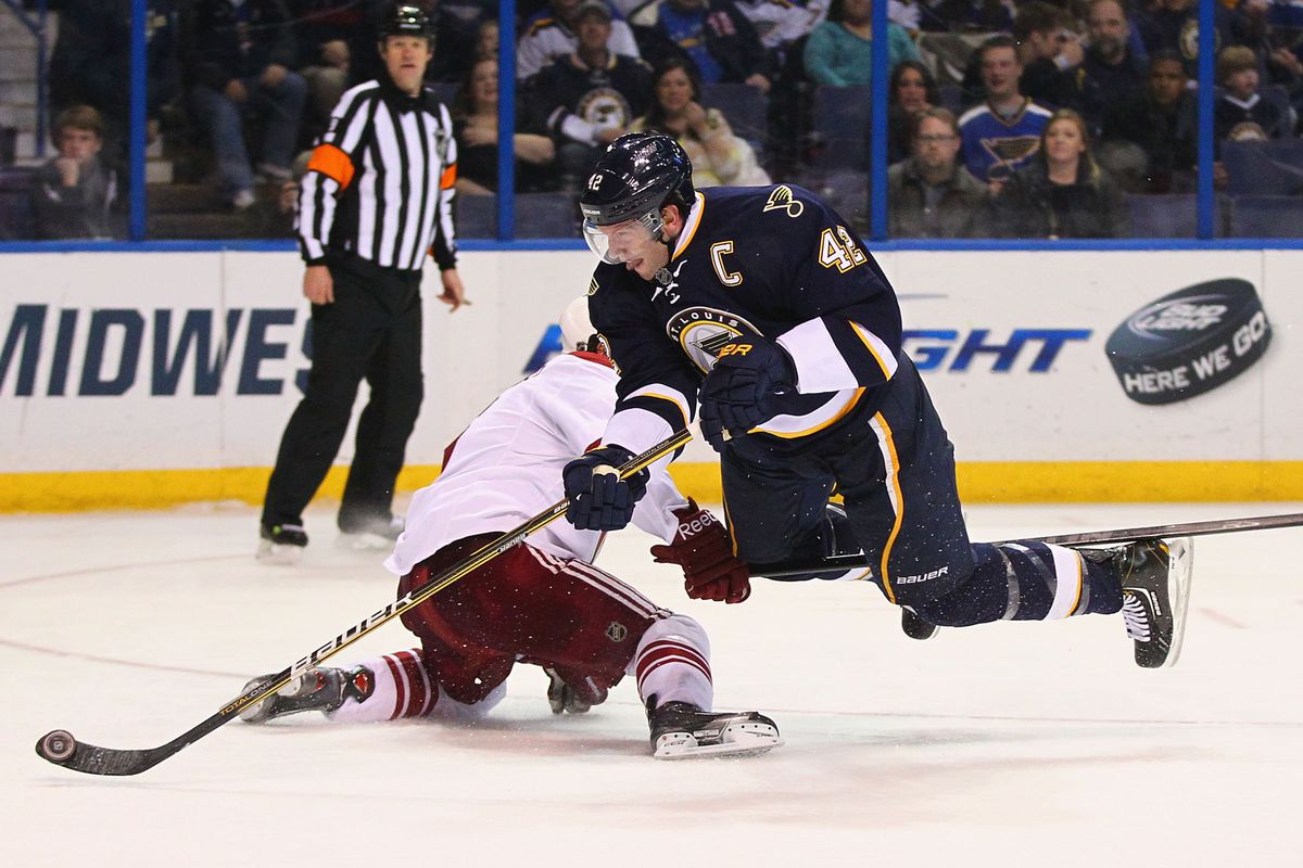 Above: David Backes, not being burdened by silly things such as gravity. 