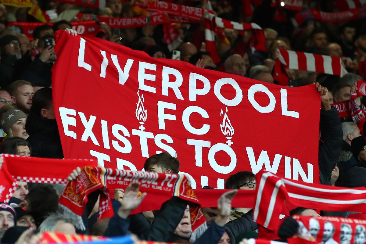 A Liverpool banner is seen on The Kop during the Premier League match between Liverpool and West Ham United at Anfield on March 05, 2022 in Liverpool, England.