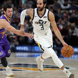 Utah Jazz guard Ricky Rubio dribbles the ball during a preseason basketball game against the Sydney Kings at the Vivint Smart Home Arena in Salt Lake City, on Monday, Oct. 2, 2017.