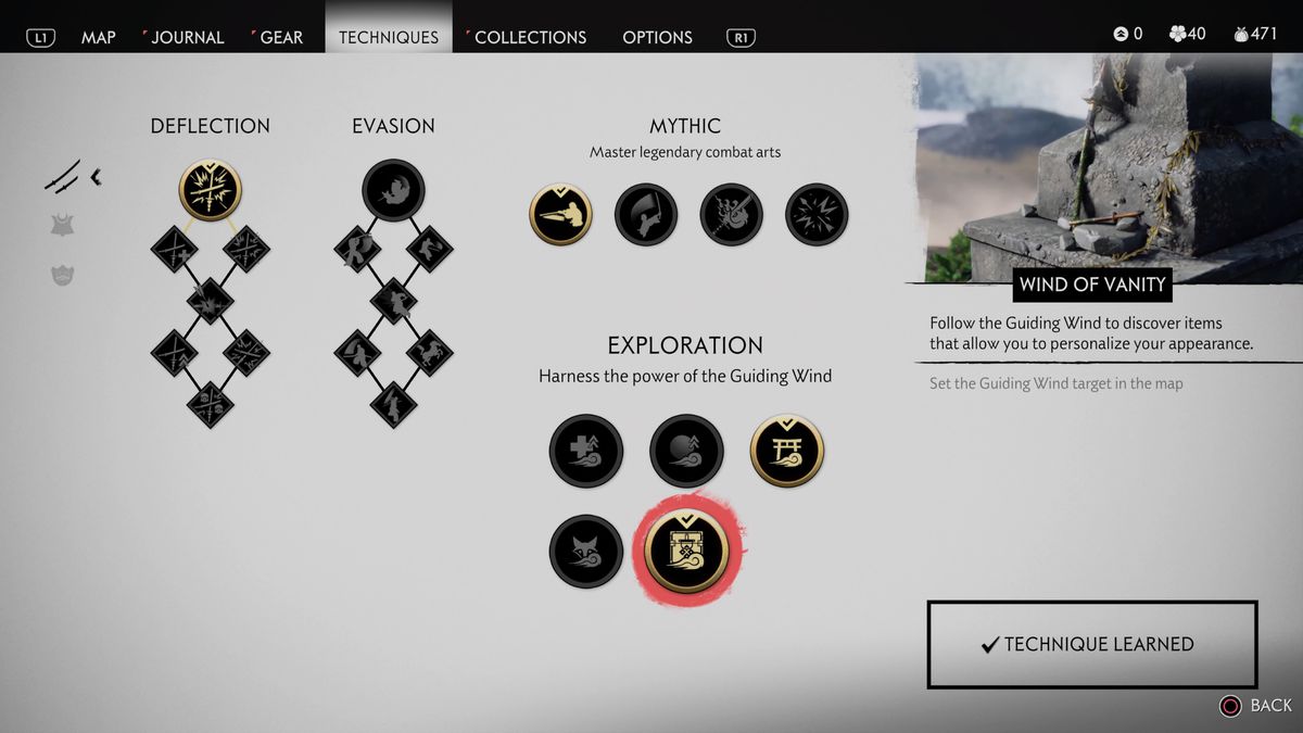 An info screen in Ghost of Tsushima explaining how to use the Wind of Vanity