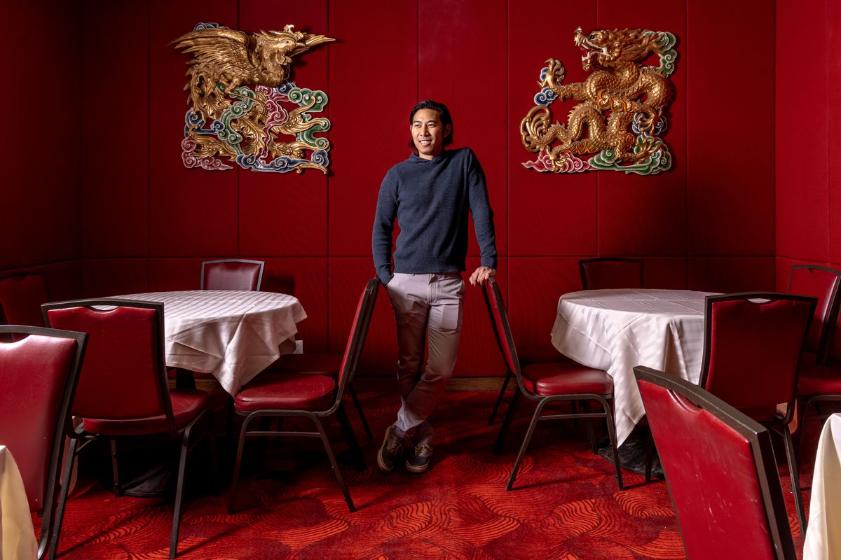 Truman Lam, the third-generation owner of Jing Fong, stands inside the restaurant’s new dining room.