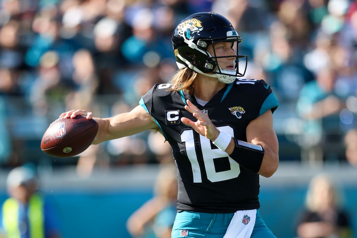 Jacksonville Jaguars quarterback Trevor Lawrence (16) drops back to pass against the Baltimore Ravens in the first quarter at TIAA Bank Field.&nbsp;