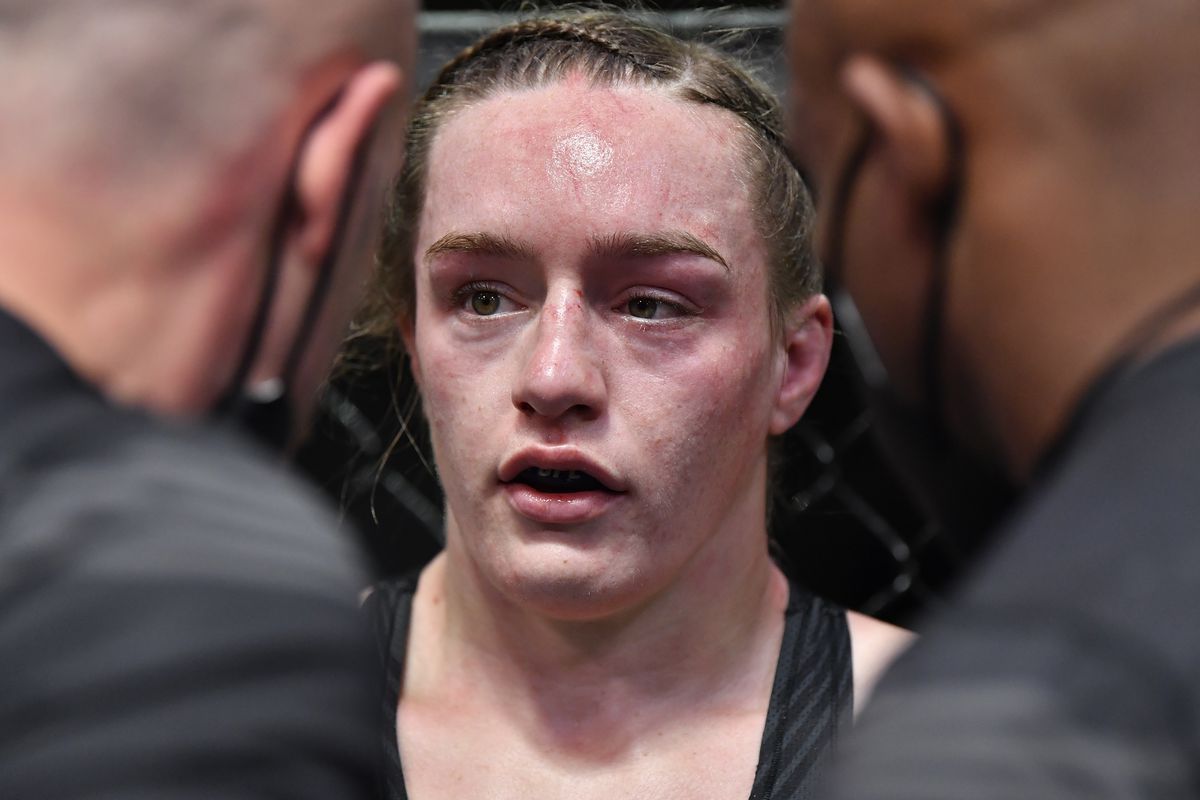 Apen Ladd takes advice from her corner between rounds of her recent loss to Norma Dumont.