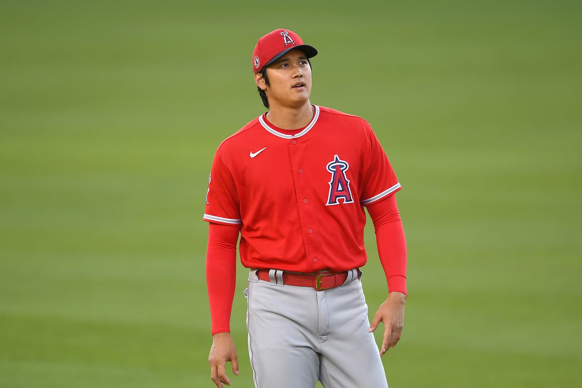 Los Angeles Angels designated hitter Shohei Ohtani warms up before a game against the Los Angeles Dodgers at Dodger Stadium.