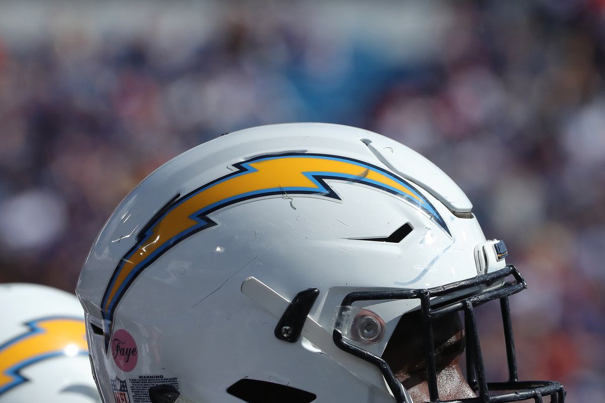 A detailed view of the Chargers logo on the helmet of Trent Scott #68 of the Los Angeles Chargers during NFL game action against the Buffalo Bills at New Era Field on September 16, 2018 in Buffalo, New York.