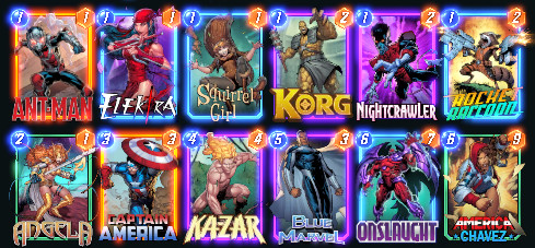 Deck list from Marvel Snap, with card images for Ant-Man, Elektra, Squirrel Girl, Korg, Nightcrawler, Rocket Raccoon, Angela, Captain America, Ka-Zar, Blue Marvel, Onslaught, and America Chavez