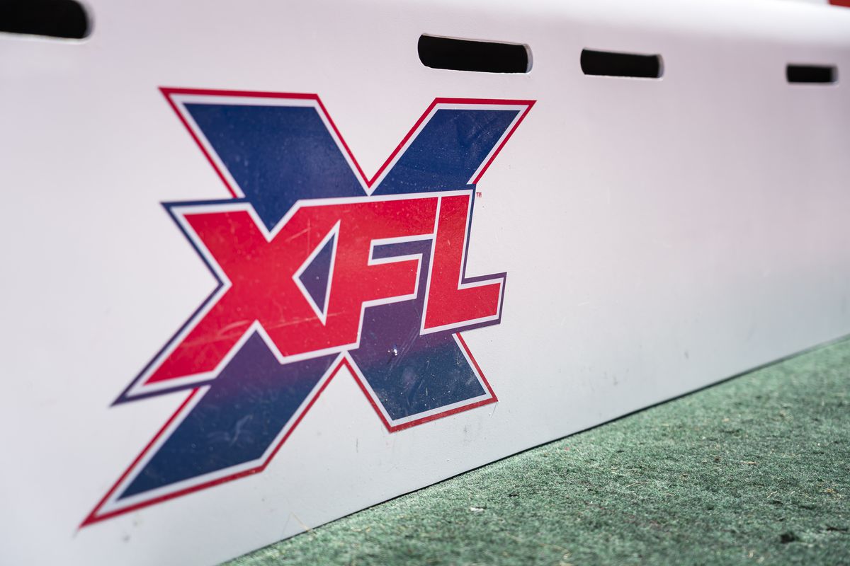 A view of the XFL logo on the sidelines before the XFL game between the DC Defenders and the St. Louis Battlehawks at Audi Field on March 8, 2020 in Washington, DC.