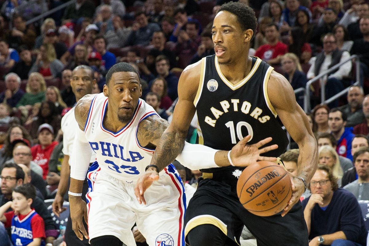 One of the few times the Sixers played adequate defense against DeMar DeRozan on Saturday.