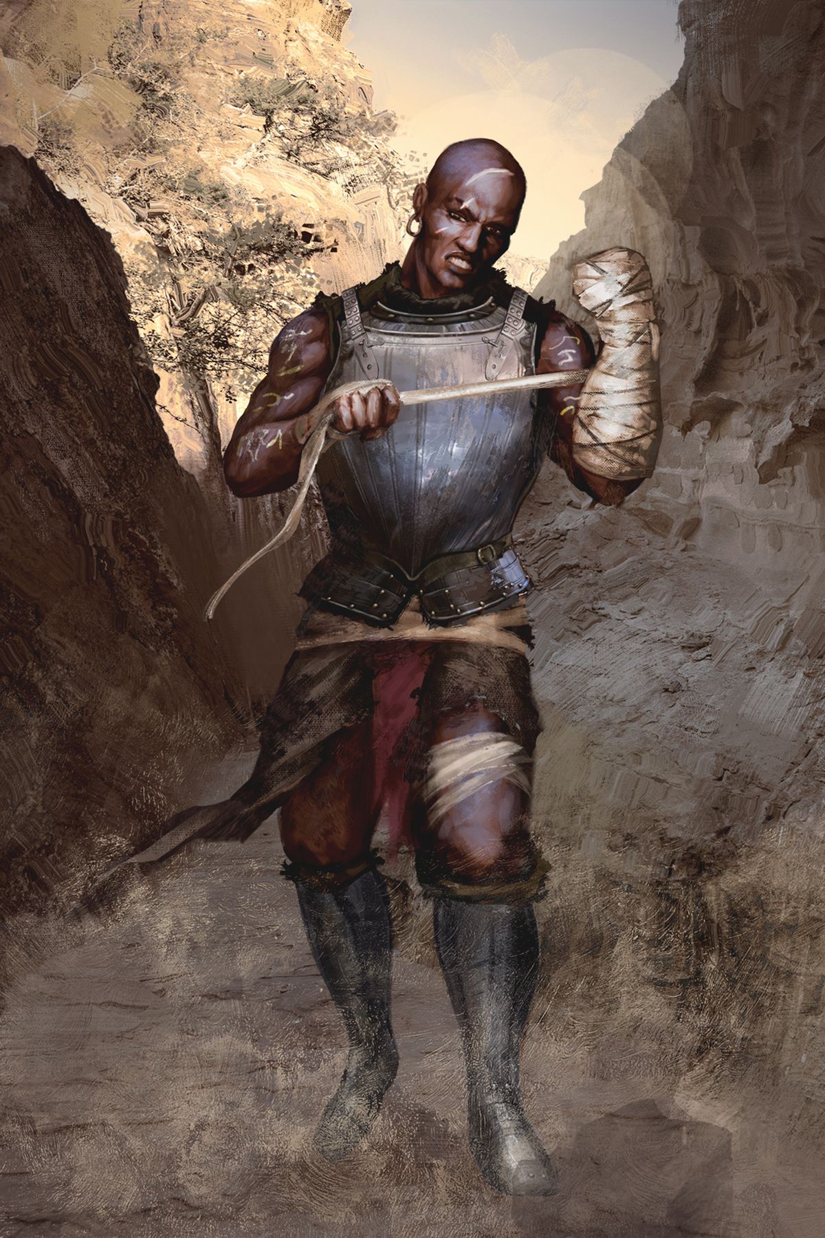 Art for an Adept Skirmisher shows a Black man in a steel breastplate wrapping his left hand in a bandage.