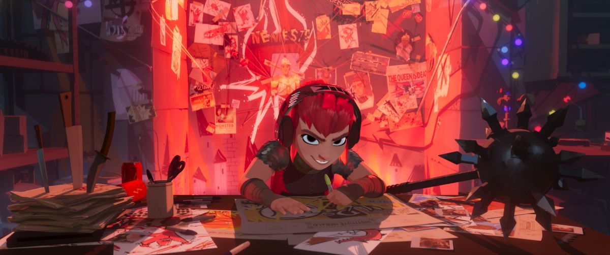 A still from the teaser trailer for Netflix’s animated film Nimona shows a red-haired girl with a devilish grin, wearing headphones, sitting behind a mostly red conspiracy board covered with vaguely seen pinned-up images, and drawing something on a sheet of paper on a messy desk featuring piles of paper and one huge morningstar
