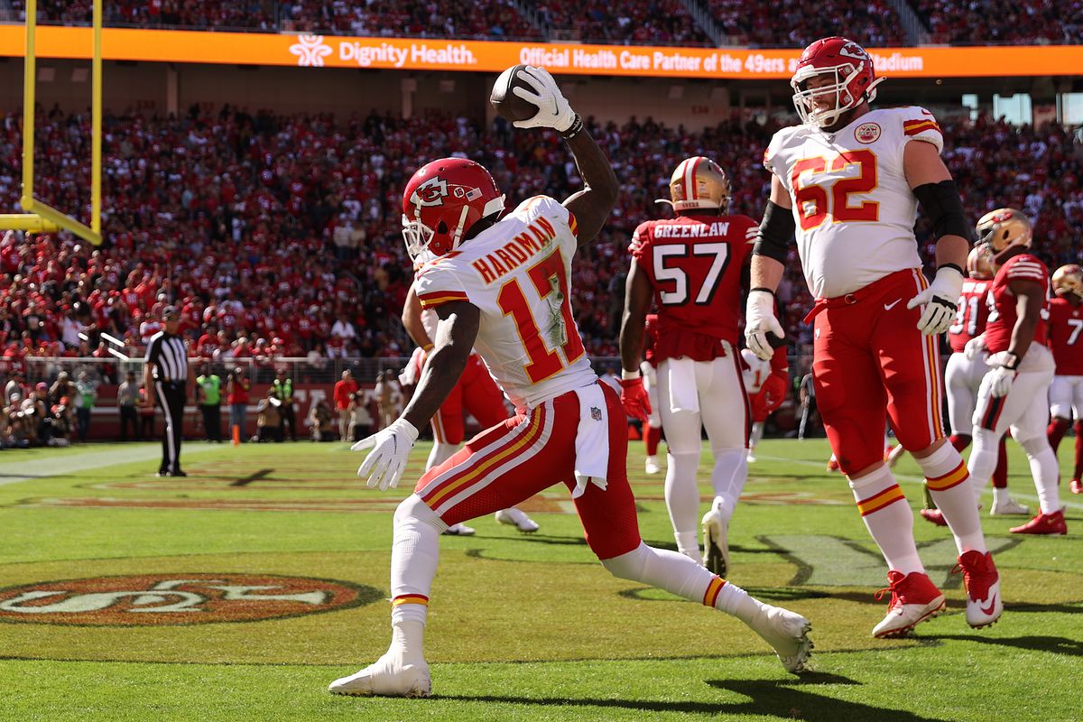 Mecole Hardman #17 of the Kansas City Chiefs celebrates after catching a touchdown in the first quarter against the San Francisco 49ers at Levi’s Stadium on October 23, 2022 in Santa Clara, California.