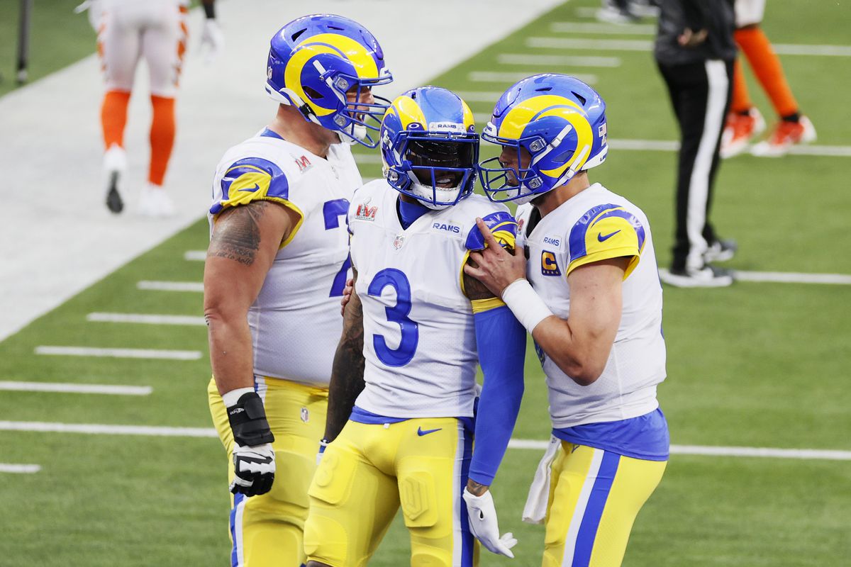 Odell Beckham Jr. of the Los Angeles Rams reacts after scoring a touchdown with teammate Matthew Stafford during Super Bowl LVI at SoFi Stadium on February 13, 2022 in Inglewood, California. The Los Angeles Rams defeated the Cincinnati Bengals 23-20.