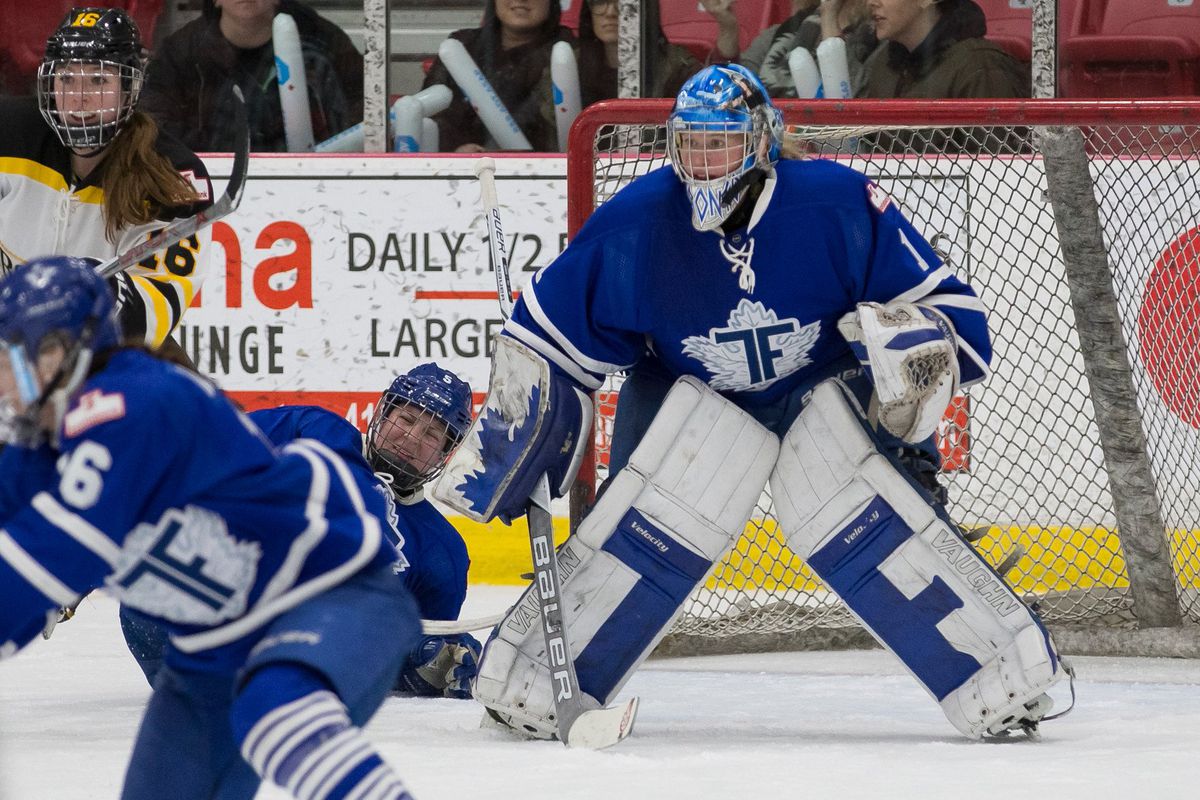 Sami Jo Small guards her net in the Toronto Furies final game of the season.