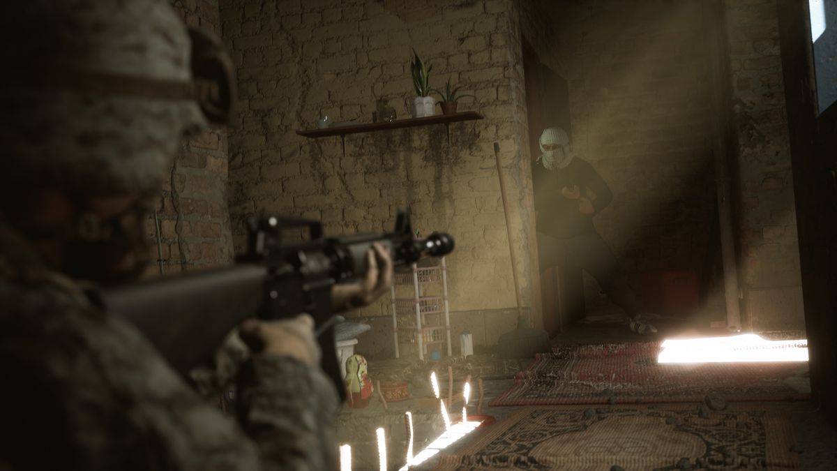 A U.S. soldier in a darkened Iraqi home aims at an armed enemy wearing a keffiyeh in a screenshot from Six Days in Fallujah