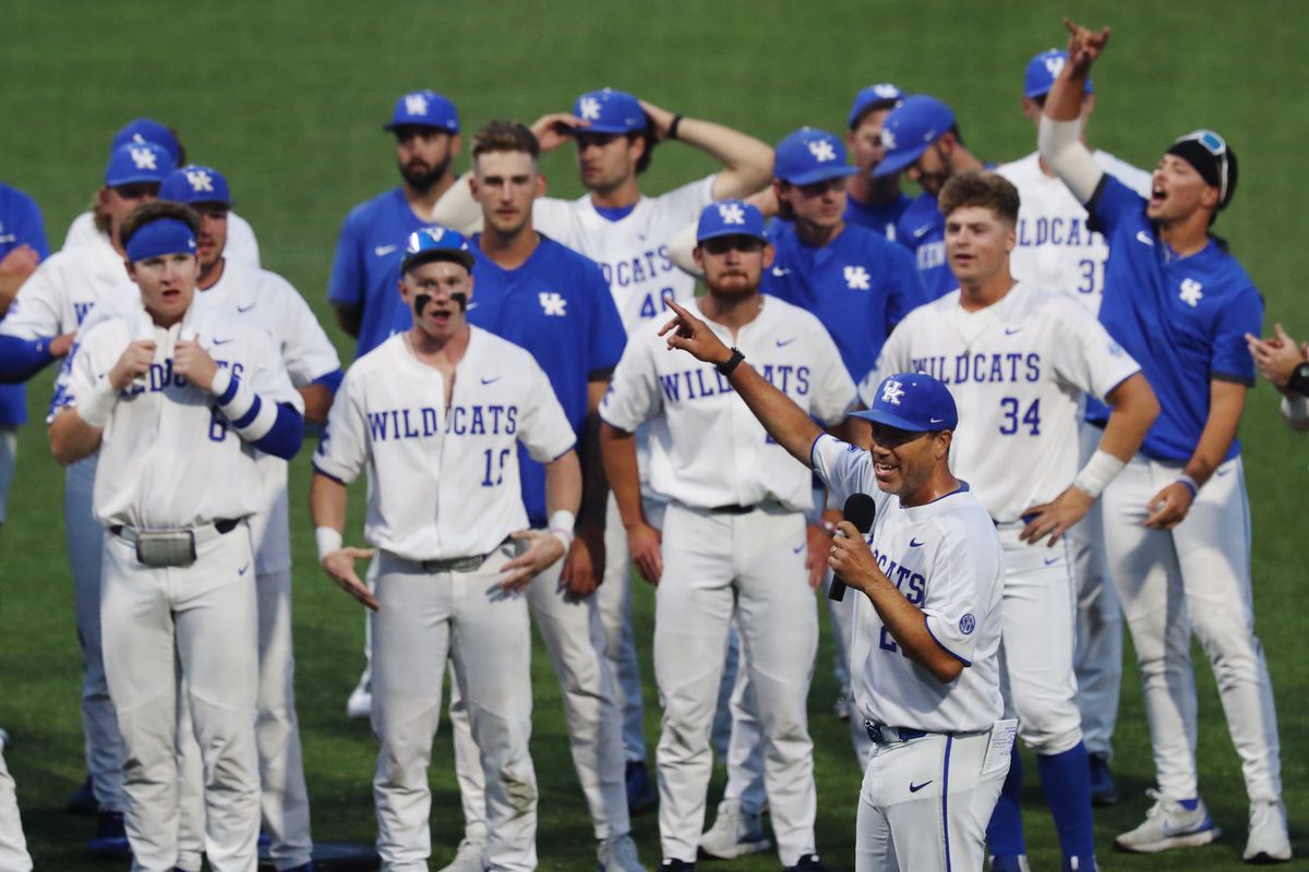 Kentucky head baseball coach Nick Mingione, right, made remarks following their 4-2 victory against Indiana during the NCAA Regional final in Lexington Ky. on June 5, 2023. The win earned UK a spot in the upcoming Super Regional in Louisiana.