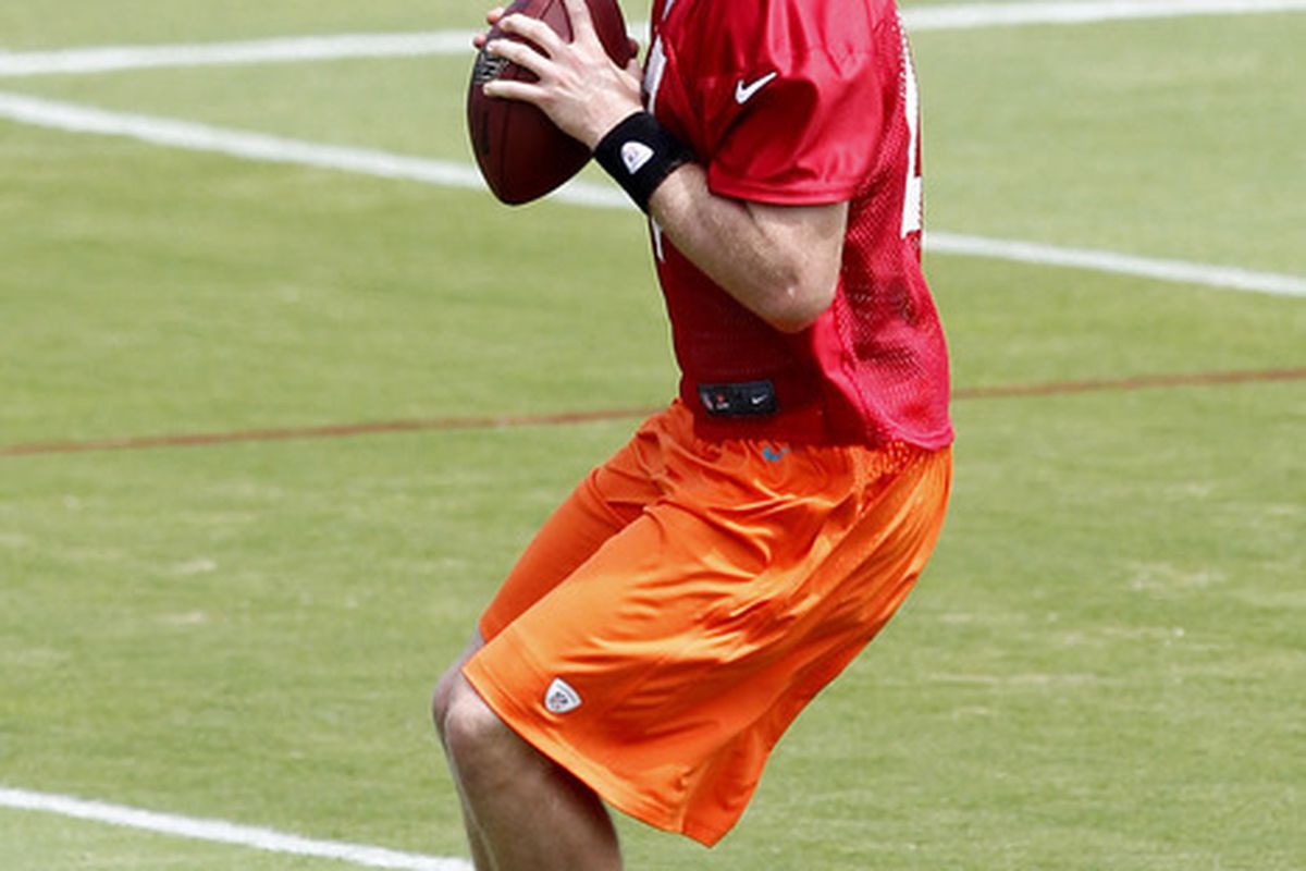 DAVIE, FL - MAY 4: Ryan Tannehill #17 of the Miami Dolphins throws the ball during the rookie minicamp on May 4, 2012 at the Miami Dolphins training facility in Davie, Florida. (Photo by Joel Auerbach/Getty Images)