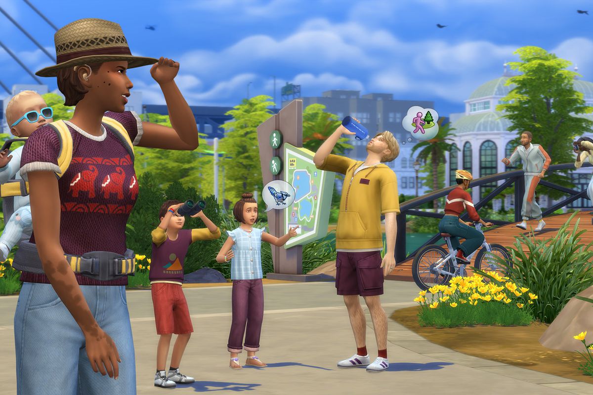 The Sims 4 - a bustling scene in the new city of San Sequoia, as a variety of Sims enjoys the lovely sunny park.