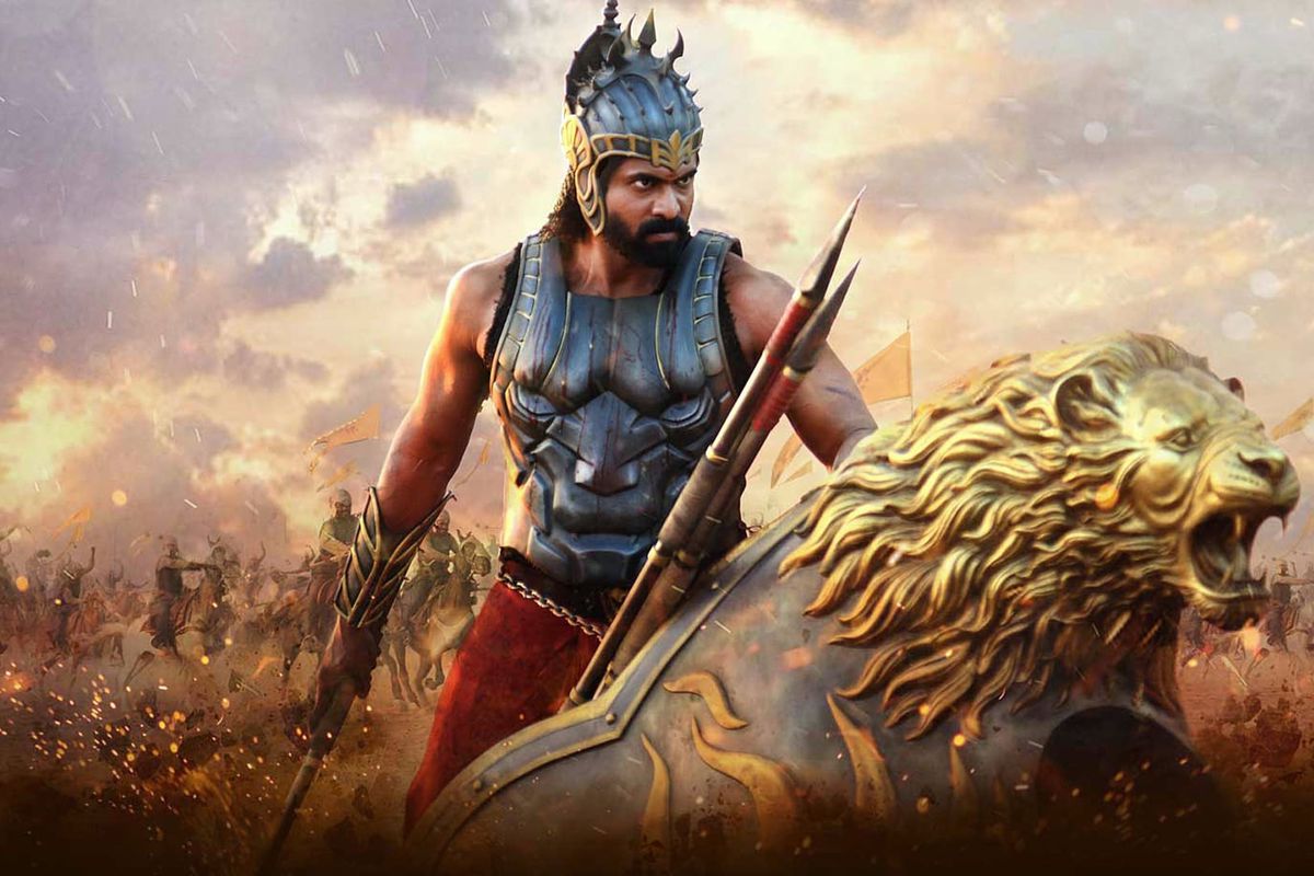 Promo art for Baahubali, as an armored character rides a metal lion chariot.