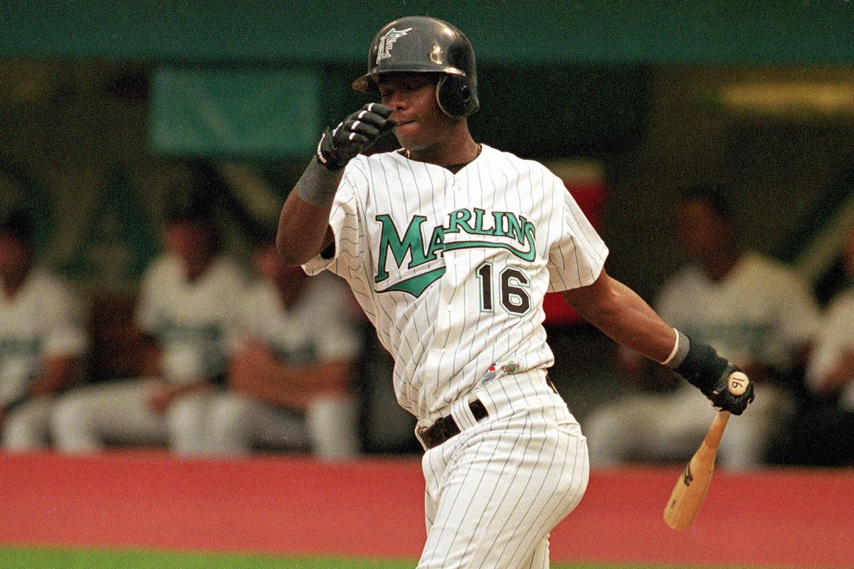 Edgar Renteria #16 of the Florida Marlins swings at a pitch during Game one of the 1997 National League Divisional Series against the San Francisco Giants at Pro Player Stadium