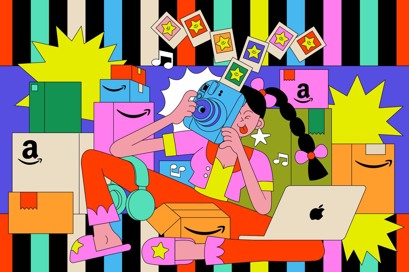 Colorful illustration of a girl taking photos with a new camera. She is surrounded by Amazon packages.