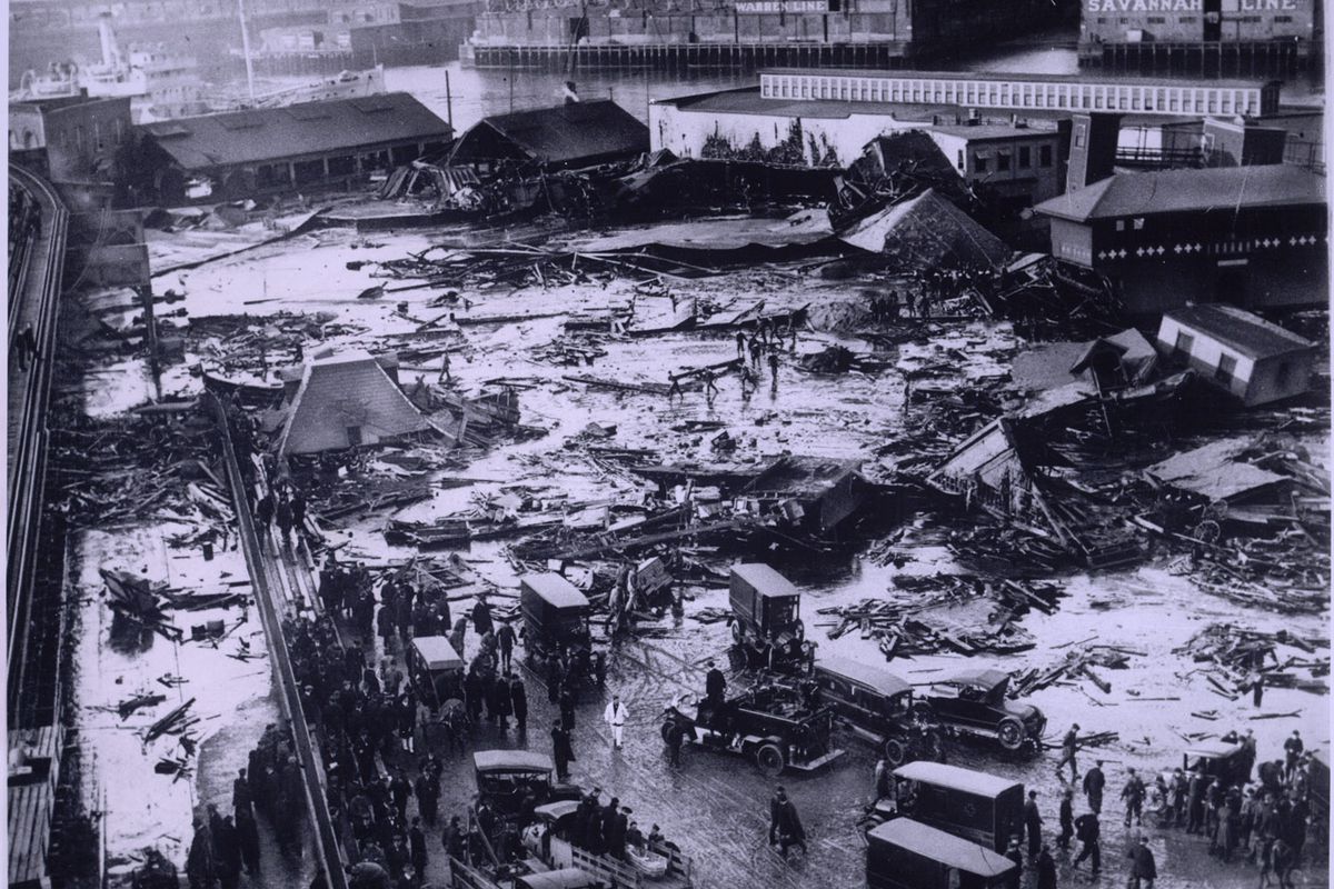 Great Molasses Flood site photographed on the day of the disaster in Boston’s North End, January 15, 1919