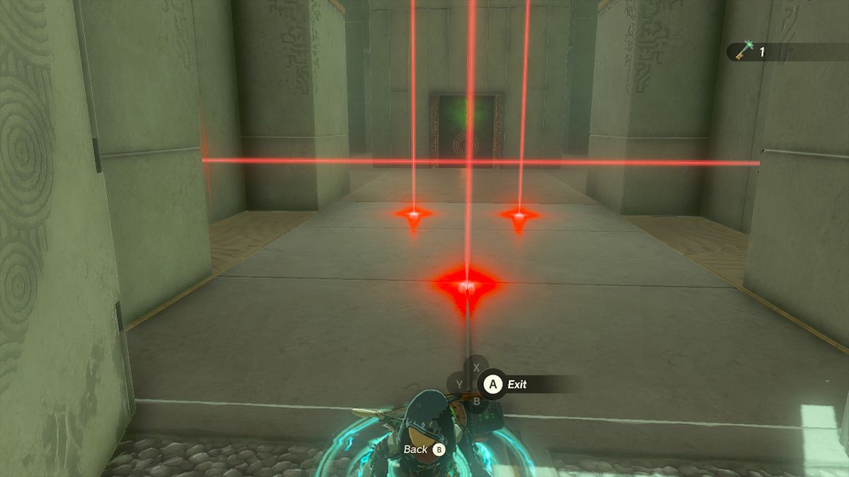 Link ascends through the ceiling to come to a room full of lasers in the Orochium Shrine in Zelda Tears of the Kingdom.