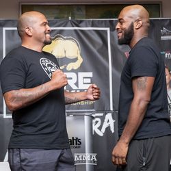 Joey Beltran and Arnold Adams face off at the BKFC 2 pre-fight press conference at Harrah’s Gulf Coast in Biloxi, Mississippi.