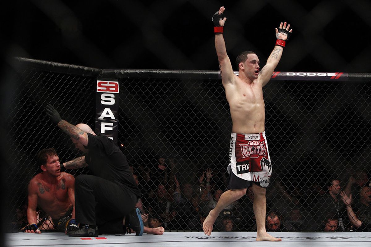 Photo of Edgar after his improbable, come-from-behind finish of Gray Maynard at UFC 136 via <a href="http://cdn1.sbnation.com/entry_photo_images/2860014/127frankieedgarvsgraymaynard_gallery_post.jpg">Esther Lin for SBNation</a>.