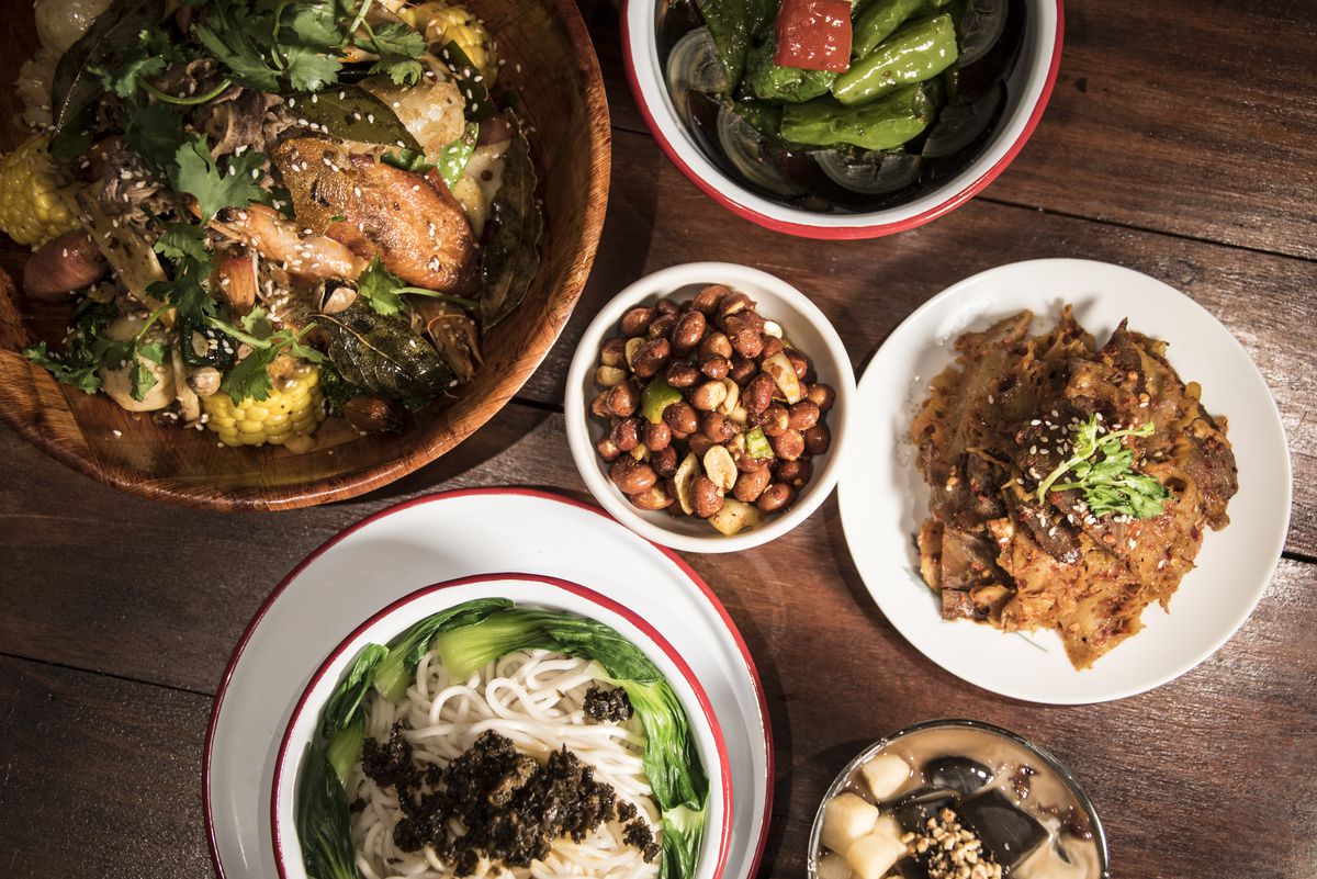 A dry Sichuan pot (top left) and other dishes at the MaLa project
