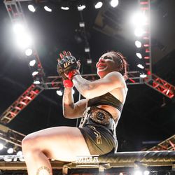 Cris Cyborg celebrates her win at UFC 219.