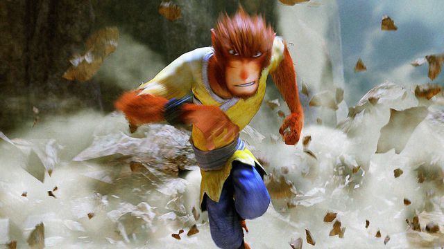 The Monkey King from Monkey King: Hero is Back wearing a yellow tunic and blue pants bursts through a cloud of debris