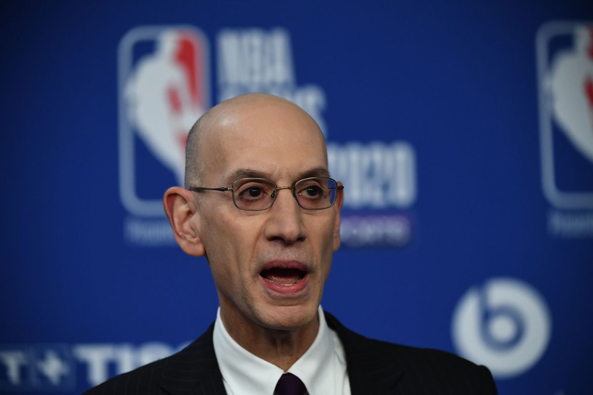 NBA commissioner Adam Silver gestures as he addresses a press conference ahead of the NBA basketball match between Milwaukee Bucks and Charlotte Hornets at The AccorHotels Arena in Paris on January 24, 2020.