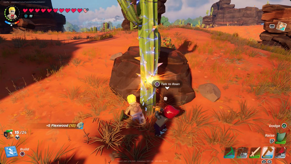 Lego Fortnite&nbsp;character cutting down a cactus in the Dry Valley desert to harvest flexwood