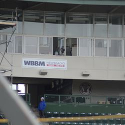 Daytime photo of the new WBBM radio banner on the press box - 