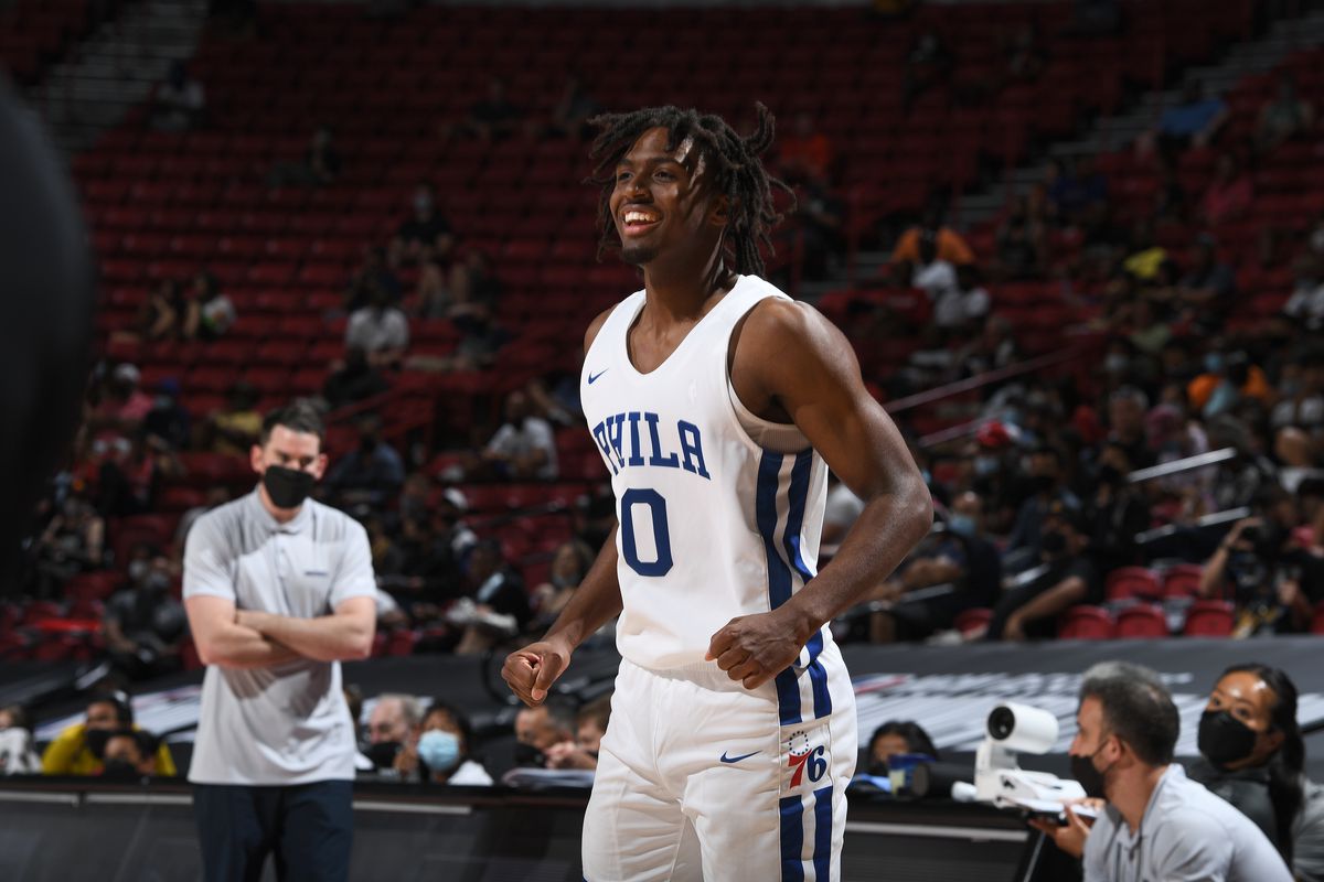 Tyrese Maxey #0 of the Philadelphia 76ers celebrates during the game against the Dallas Mavericks during the 2021 Las Vegas Summer League on August 9, 2021 at the Thomas &amp; Mack Center in Las Vegas, Nevada.