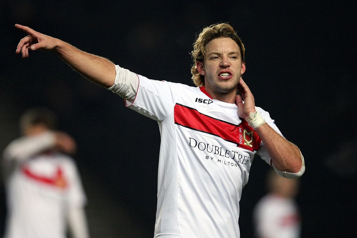 Alan Smith (In MK Dons colours) whose sending off was a pivotal moment.  (Photo by Pete Norton/Getty Images)
