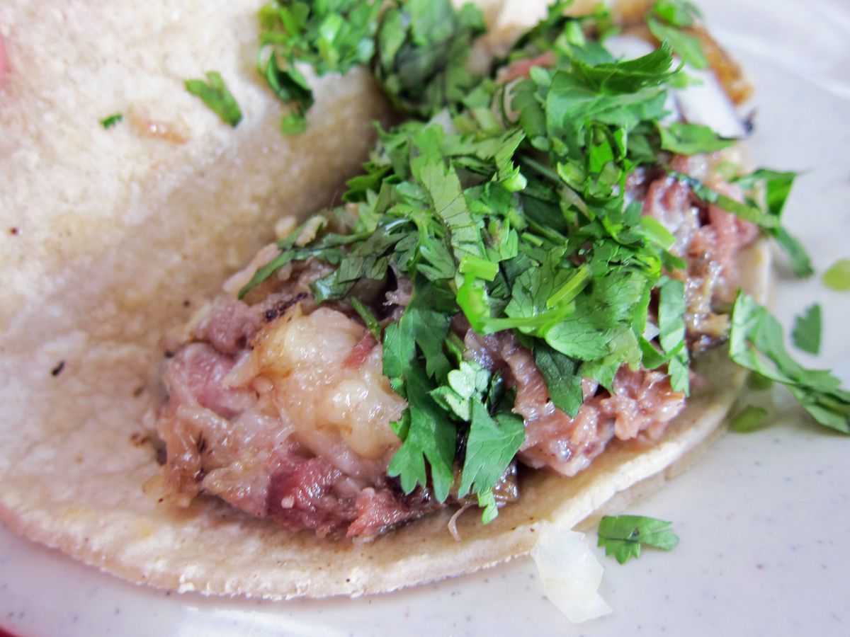 Eyeball taco with a jellylike eyeball and cilantro and onions.