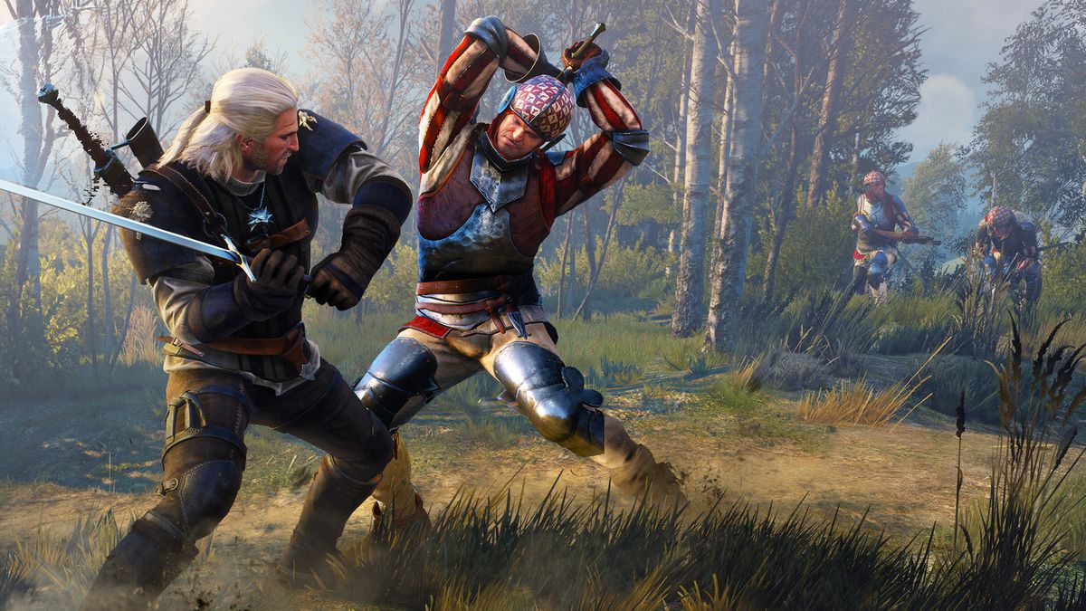 Geralt starts a mighty swing of his sword against a foe in the woodlands of The Witcher 3: Wild Hunt