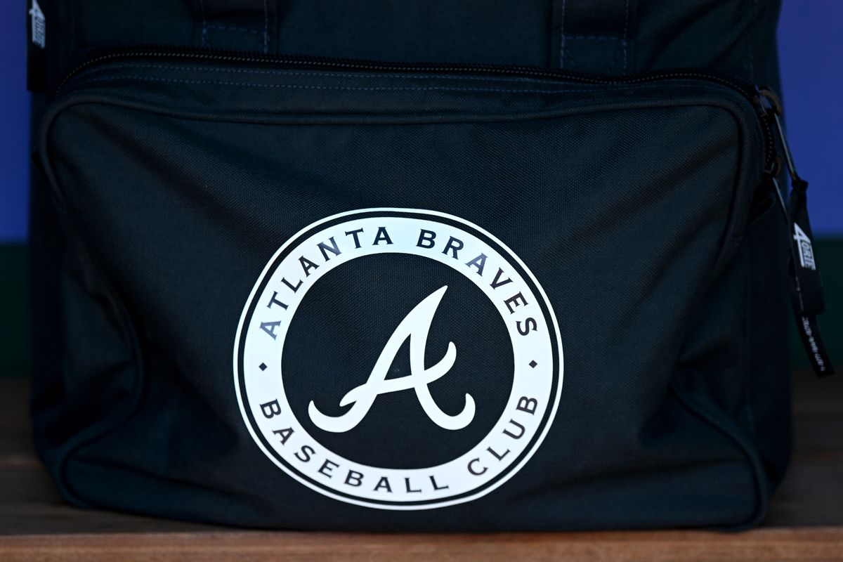 A view of the Atlanta Braves logo on a bag in the dugout before the game between the Washington Nationals and the Atlanta Braves at Nationals Park on April 02, 2023 in Washington, DC.