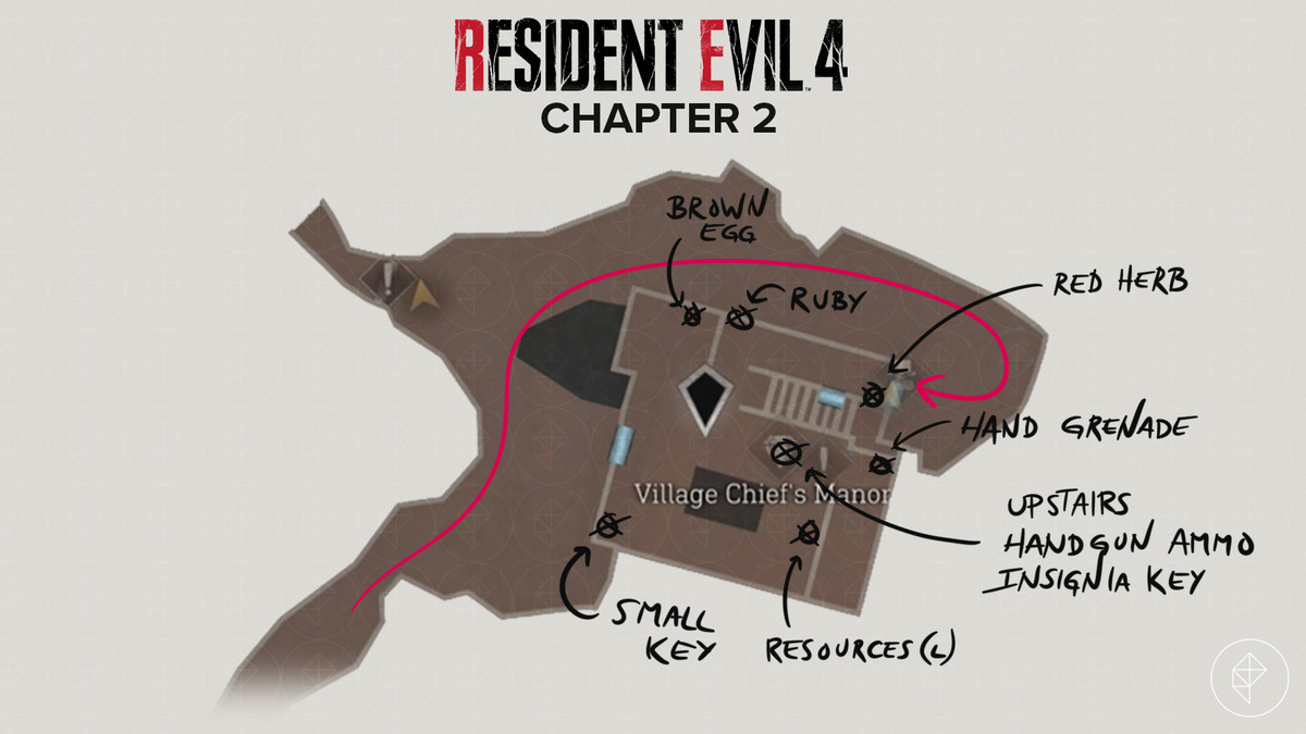 Resident Evil 4&nbsp;remake&nbsp;map with path and items in the Village Chief’s Manor area