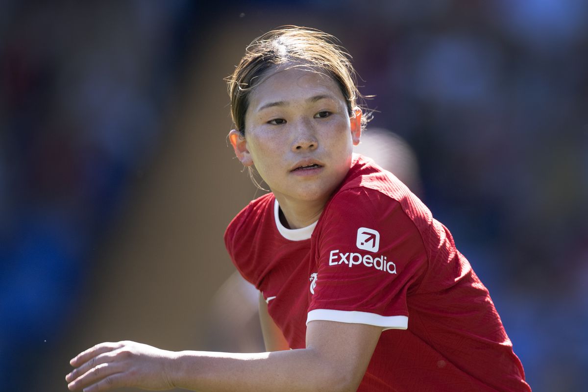 Fuka Nagano of Liverpool in action during the FA Women’s Super League match between Liverpool and Manchester United at Prenton Park on May 27, 2023 in Birkenhead, England.