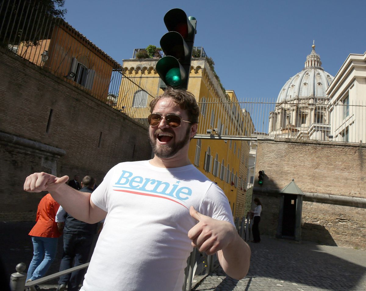 Man in Bernie T-shirt with beard and sunglasses in Vatican City