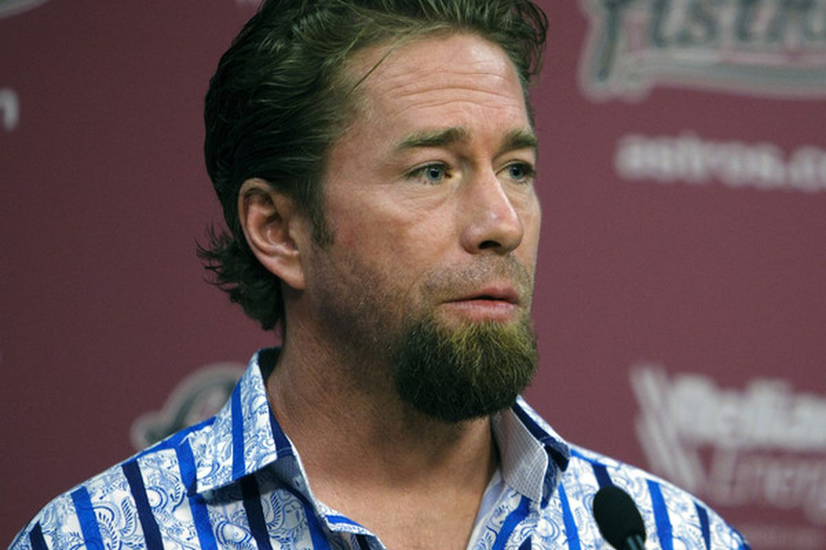 HOUSTON - JULY 11:  Jeff Bagwell addresses the media during a press conference as the Houston Astros announced that Bagwell was replacing Sean Berry as hitting coach on July 11 2010 in Houston Texas.  (Photo by Bob Levey/Getty Images)
