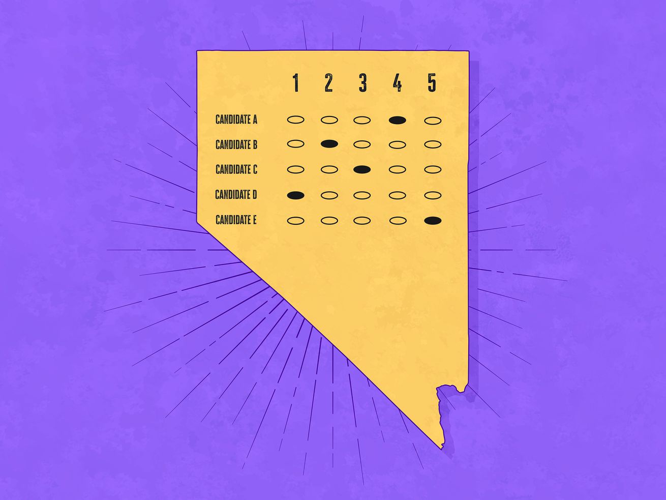 An illustration of a generic ranked-choice ballot shaped like the state of Nevada.