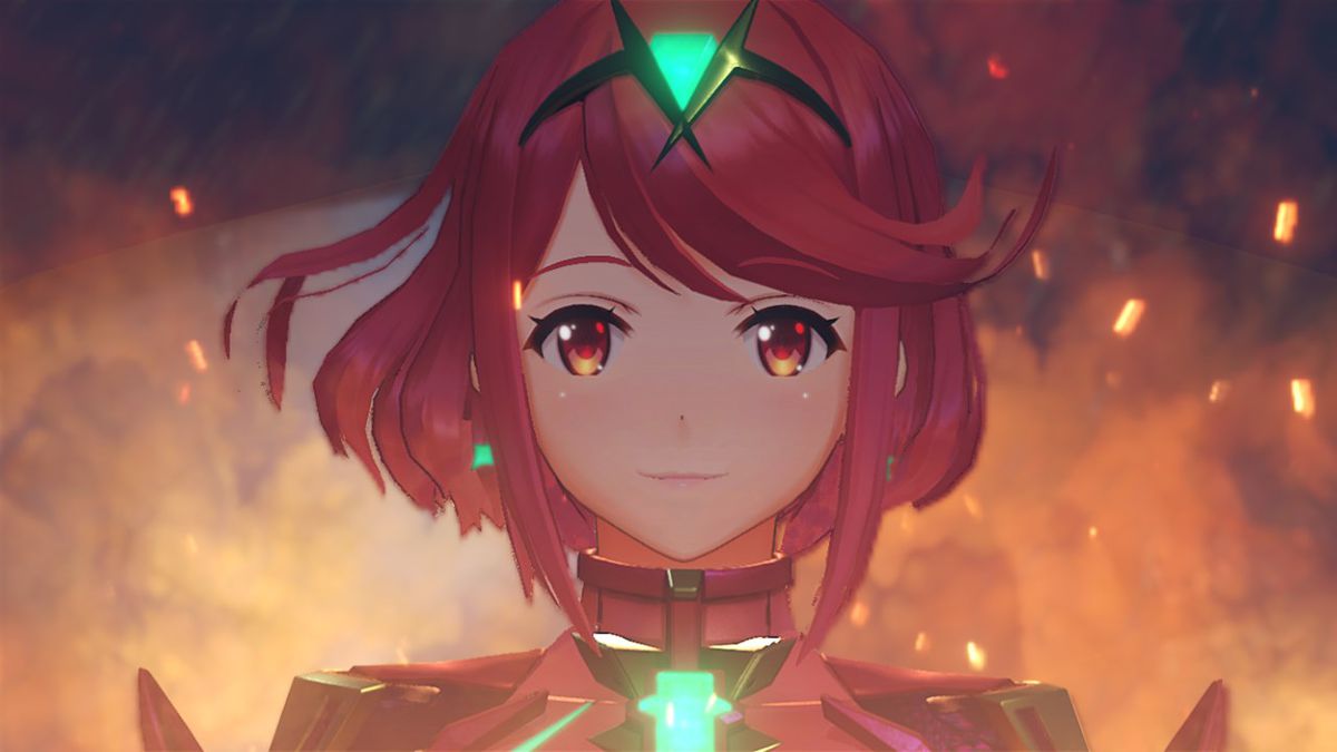 A fighter stands in front of fire in Xenoblade Chronicles 2.