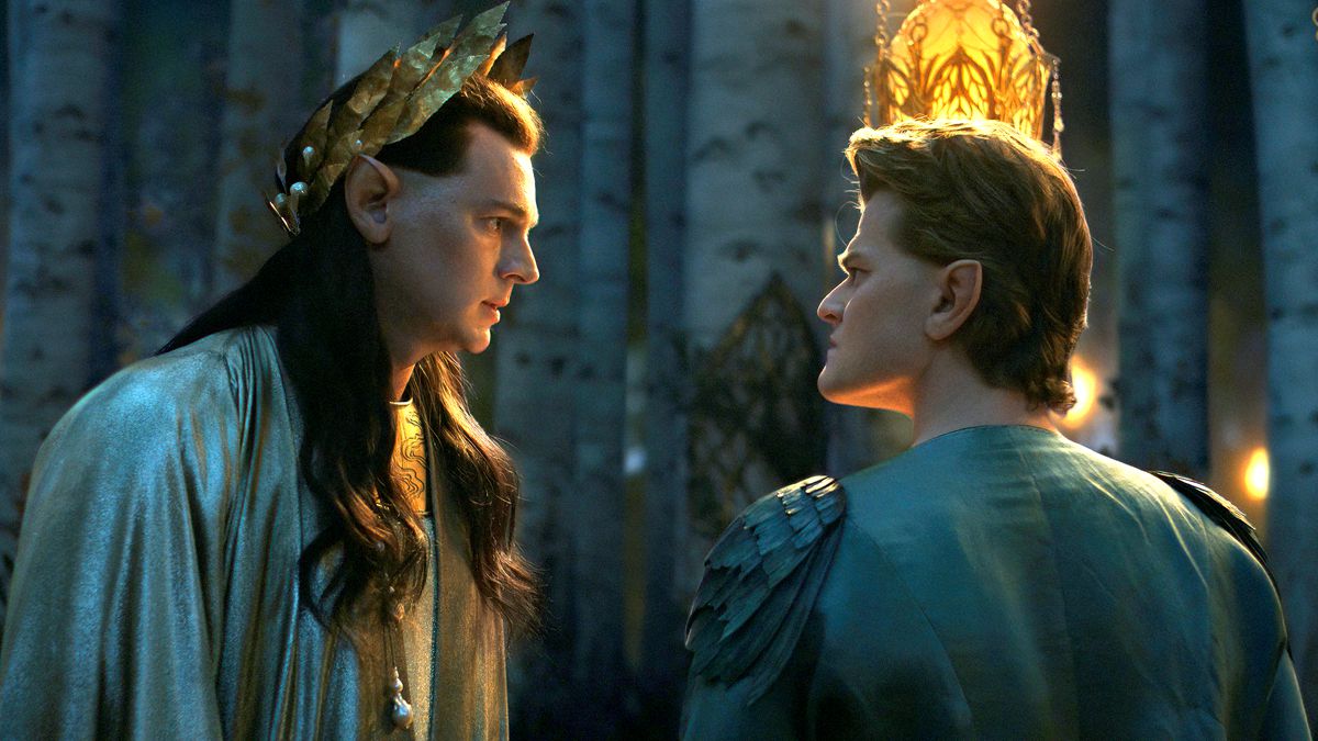 High King Gil-galad grabs Elrond by the arm in The Rings of Power