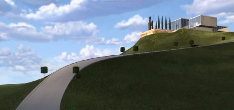 Still from ‘The Incredibles’ of a giant house on a hill