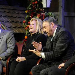 Tabernacle Choir President Ron Jarrett, left, Deborah Voigt, John Rhys-Davies and choir music director Mack Wilberg speak during a news conference at the LDS Conference Center auditorium stage on Friday, Dec. 13, 2013.