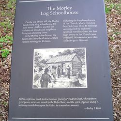 This sign interprets the approximate site where a log schoolhouse once stood on the Isaac Morley farm in Kirtland, Ohio.